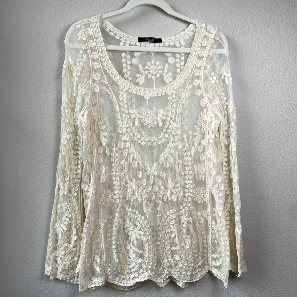 Dulcie Cream Embroidered Lace Top Anthro Cottagecore Coquette Blouse Size S